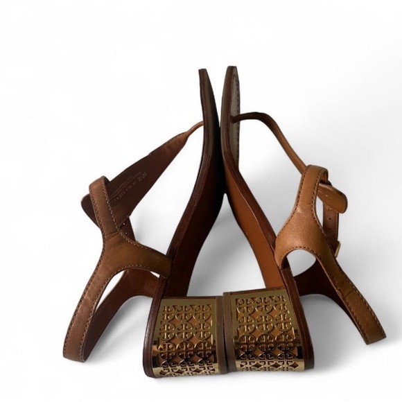 Tory Burch metal logo strap leather sandals size 9.5 brown summer block heel - Picture 6 of 11